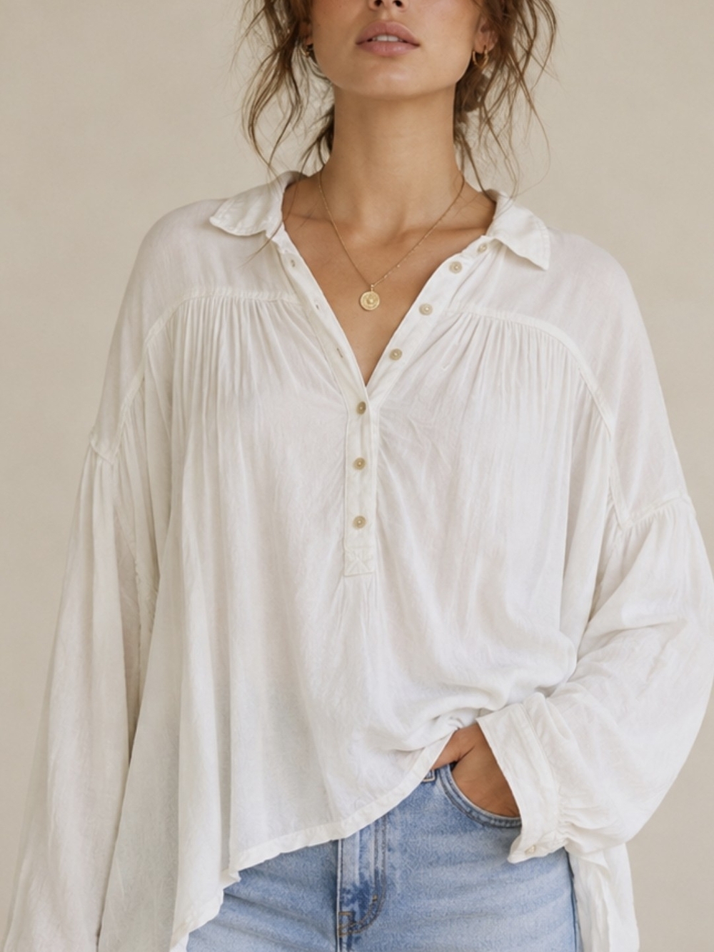 Free People White Button-Front Oversized Blouse